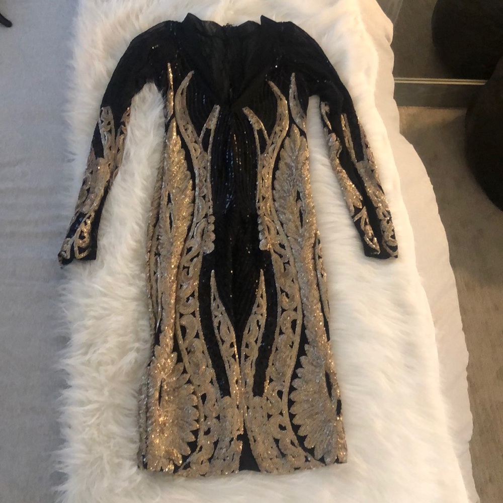 Custom tailored dress. Black and gold sequins